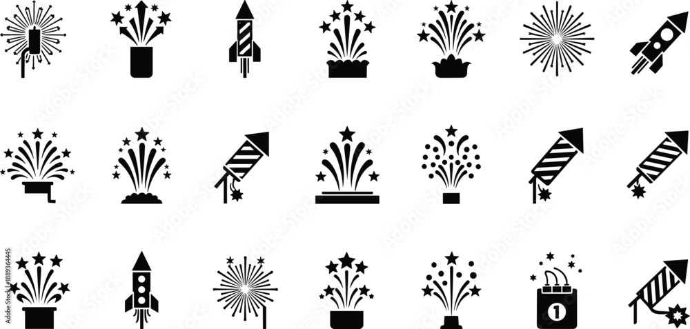 Fototapeta premium Fireworks and rockets icons in black and white for celebration