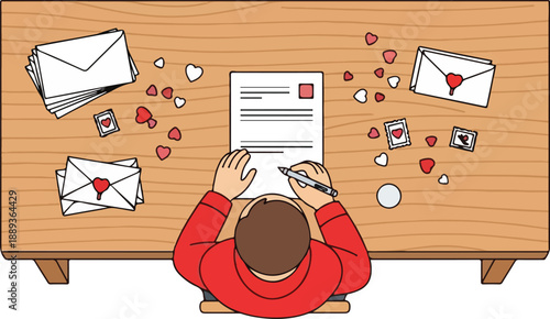 Illustration of person writing letter at wooden desk with envelopes and hearts around
