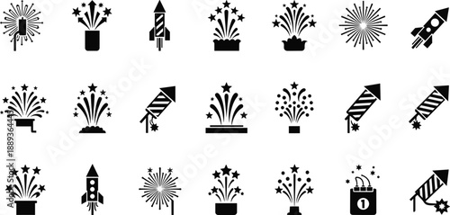 Fireworks and rockets icons in black and white for celebration
