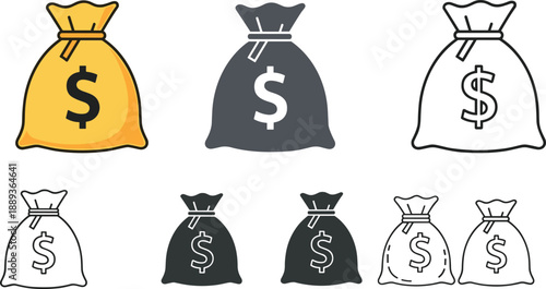 Various money bag icons in different colors and styles for financial concepts