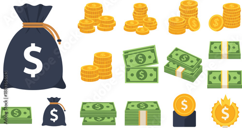 Various money icons including coins and bills