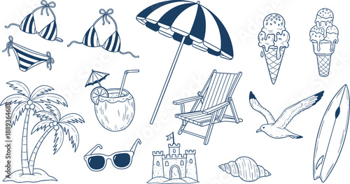 Vibrant beach icons for summer fun and travel