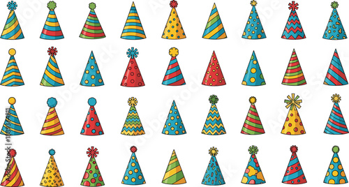 Vibrant party hats in various colors and patterns for celebrations