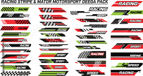Vibrant racing stripe and motor sport decals in red, green, black