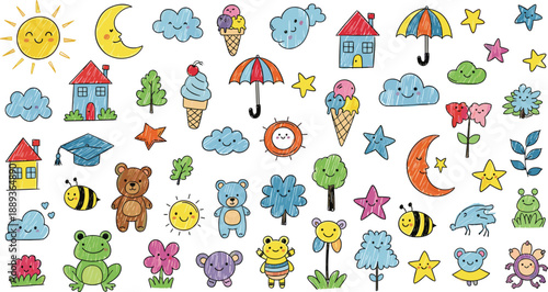 Whimsical cartoon illustrations of cute animals, weather, and objects for kids