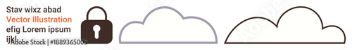 Cybersecurity, cloud storage, data protection, computing services, secure access, privacy tools. Minimalist lock icon adjacent to outlined cloud shapes. Cybersecurity and cloud storage concepts