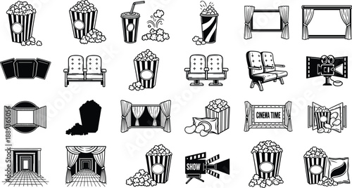 Black and white cinema icons for film and entertainment industry use
