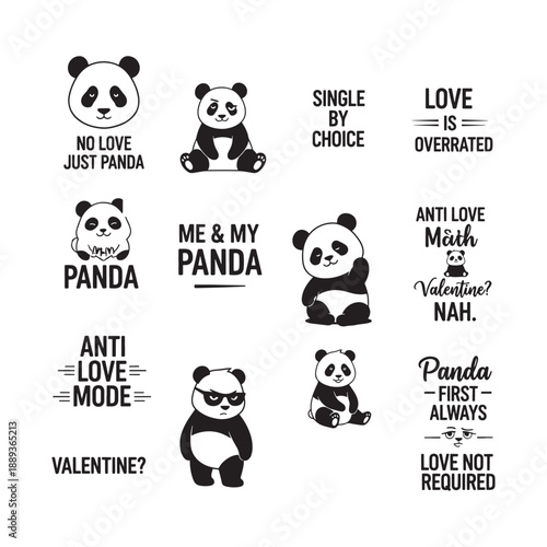 Panda valentine typography set single love humor illustration collection