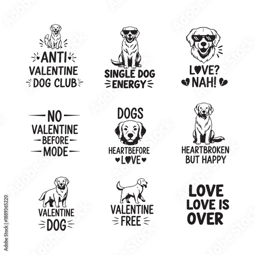 Anti Valentine dog lover typography humorous quote illustration set