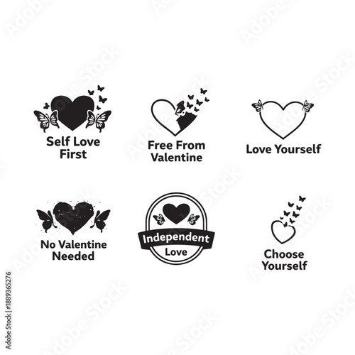 Self love and anti Valentine quote icon collection