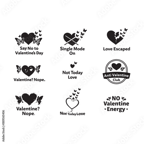 Funny Valentine anti love heart quote icon set