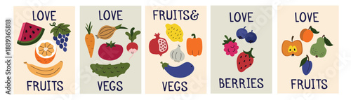Set collection cards of fruits vegetables and berries