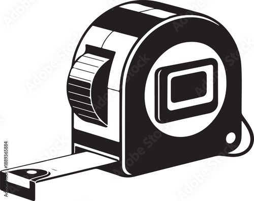 Black and white of a retractable tape measure tool measuring tool construction