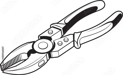 Black and white of combination pliers with serrated jaws and insulated handles tool