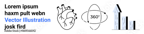 Education, anatomy, technology, growth, data analysis, future trends. Hand-drawn heart, 360-degree rotation symbol and skyscrapers in a growth chart. Anatomy and growth