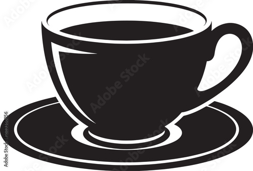 Black and white silhouette of a coffee cup and saucer filled with dark liquid drink