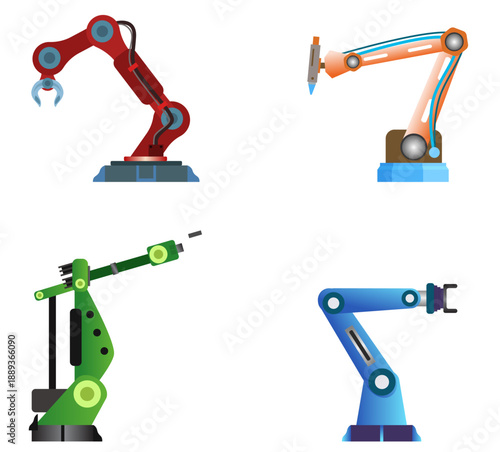 Set of industrial robotic arms with different configurations used for automation and manufacturing processes, industrial robotic arms
