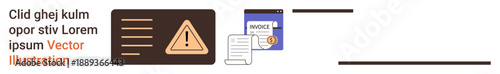 Security measures, identity verification, documentation, data authenticity, compliance, warning signs. A warning symbol with a document and badge. Security measures and identity verification concepts