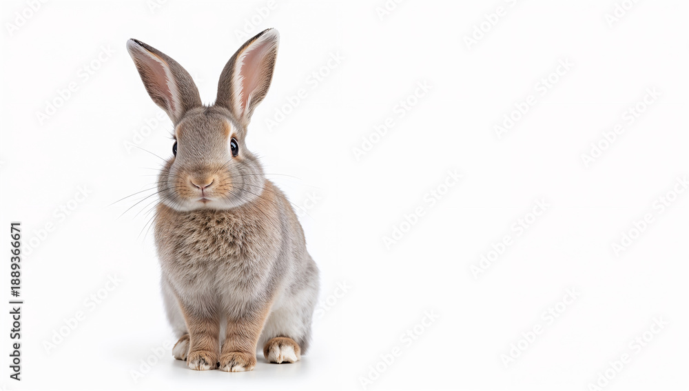 Fototapeta premium 白背景に立ち上がる子うさぎ全身、広い空間でイースターの雰囲気を作りやすい.生成AI