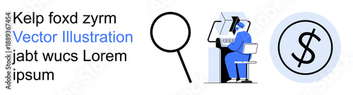 Business analytics, finance, digital security, workplace productivity, economic research, investment planning. Magnifying glass, person at workstation dollar symbol. Business analytics and finance