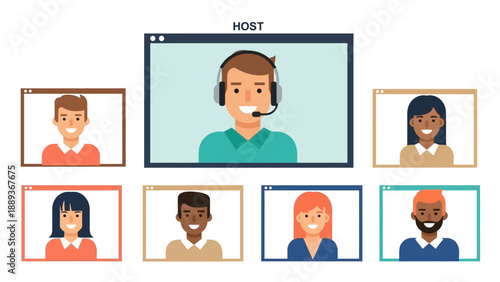 Virtual meeting with diverse team on video call interface