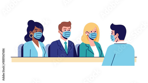 Business meeting with people wearing masks in a flat design style