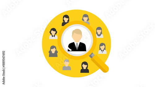 Flat style recruitment concept with magnifying glass and diverse candidates