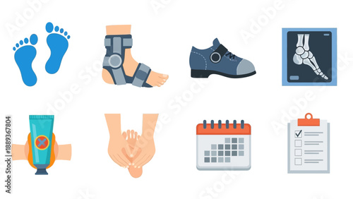 Foot health care elements: orthopedic shoes, pain relief techniques, and medical images