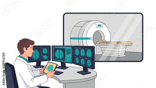 Healthcare professional analyzing mri scans with brain imaging equipment in modern medical facility