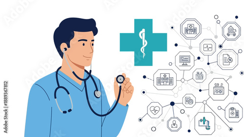Healthcare professional with stethoscope and medical network icons in flat design