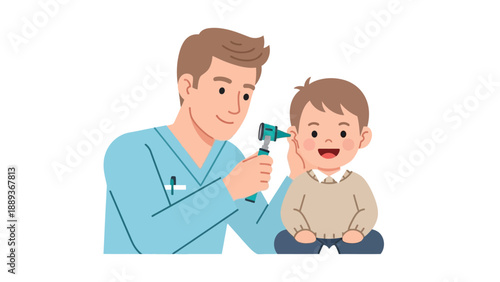 Child's ear exam with pediatrician in flat design style