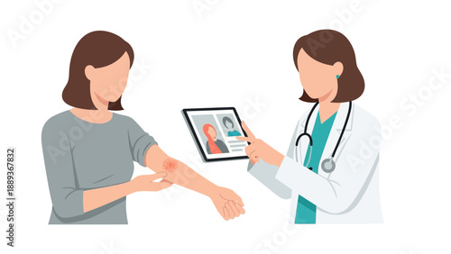 Doctor consulting patient with rash using digital tablet in flat design
