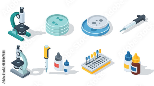 Isometric laboratory equipment set including microscope and pipette for scientific research