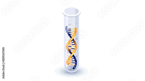 Isometric dna helix in test tube with floating molecules in laboratory setting