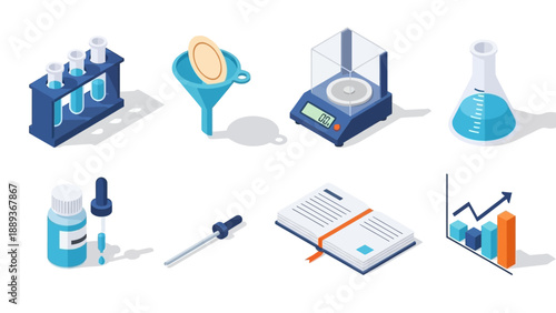 Isometric science lab tools and elements for educational and analytical design