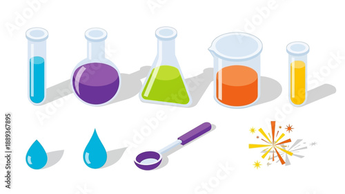 Colorful isometric laboratory equipment with beakers and test tubes on white