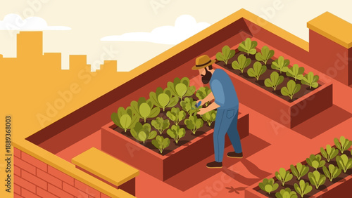 Rooftop gardening: urban farmer cultivating lush vegetables in the city