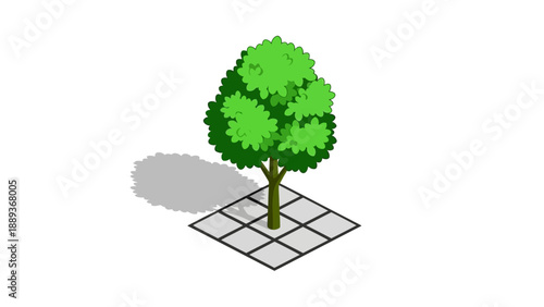 Isometric tree on tiled ground with realistic shadow casting in open space