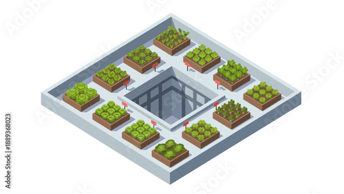 Isometric urban farming garden with geometric planters and greenery in a modern layout