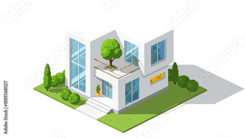 Modern isometric house with garden and large windows