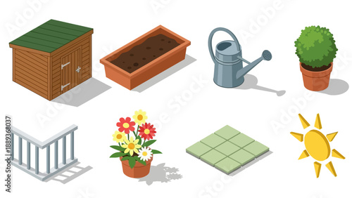 Garden elements: isometric shed, tools, and plants for outdoor designs