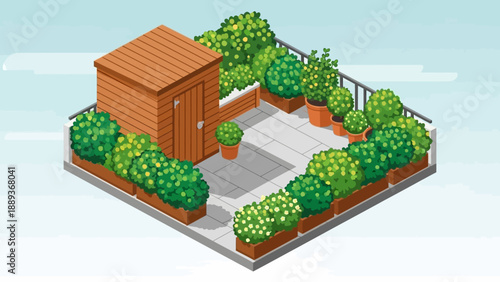 Isometric rooftop garden with wooden shed and lush greenery
