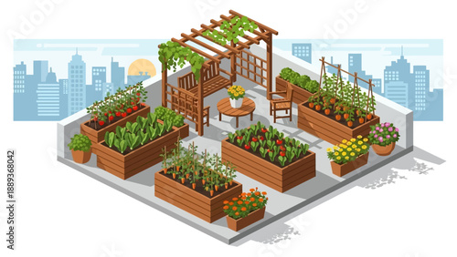 Urban rooftop garden with raised beds and pergola in isometric design