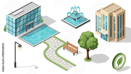 Modern isometric urban elements with buildings, fountain, tree, and pathway