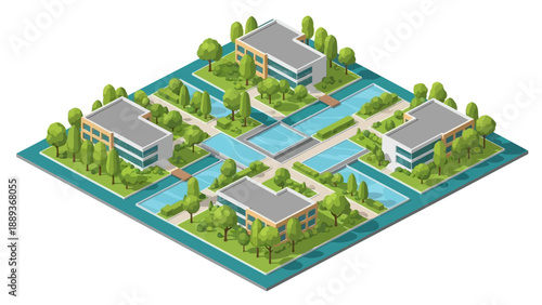 Isometric eco-friendly urban block design with modern buildings and green spaces