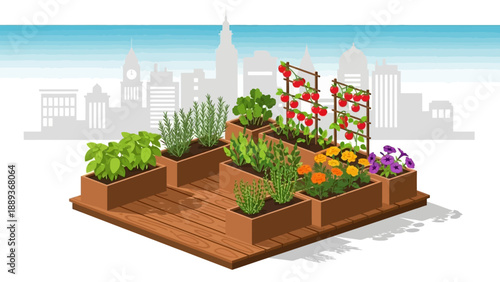 Urban garden with vegetables and flowers in raised wooden planters against city skyline