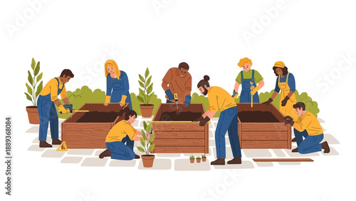 Community gardening team building raised beds together in flat style