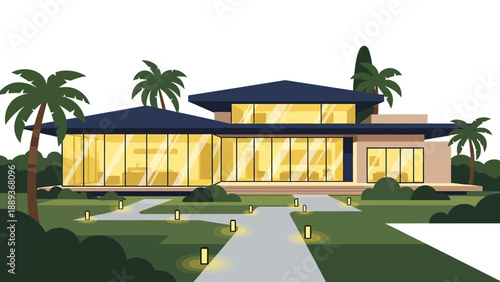 Modern tropical house with large windows and palm trees in minimalist style