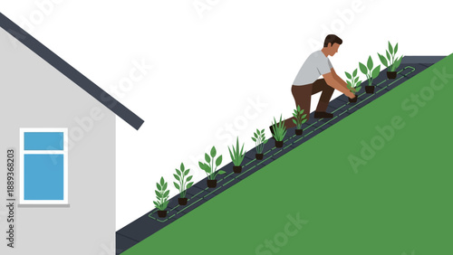Isometric urban gardening: man planting on rooftop slope