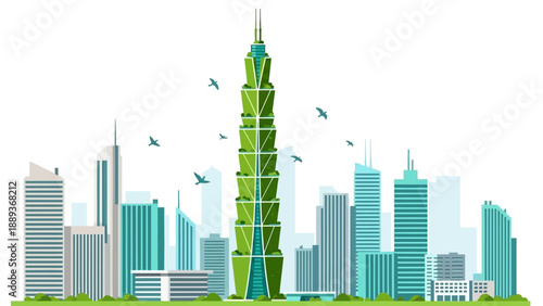 Modern green skyscraper in urban landscape with futuristic architectural design